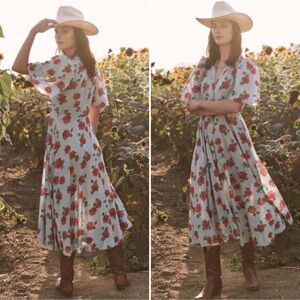 THE GREAT. The Bridge Floral Midi-Dress Blue red